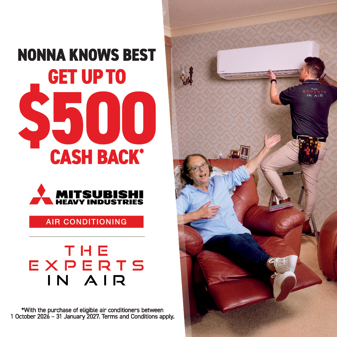 Mitsubishi Heavy Industries air conditioning cashback promotion offering up to $500 cashback on selected air conditioning systems